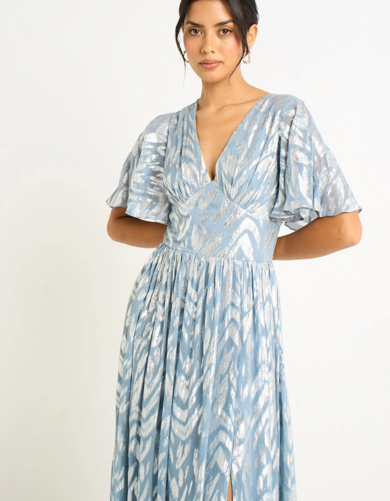 Blue Flowy Abstract Print Slit Maxi Dress