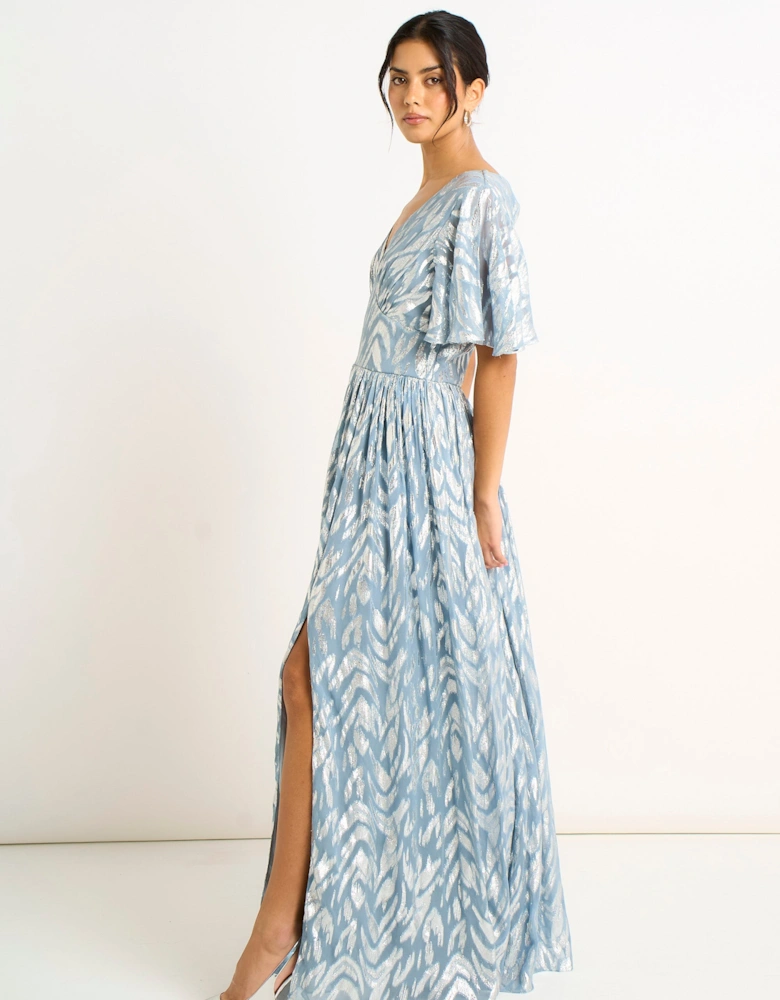 Blue Flowy Abstract Print Slit Maxi Dress