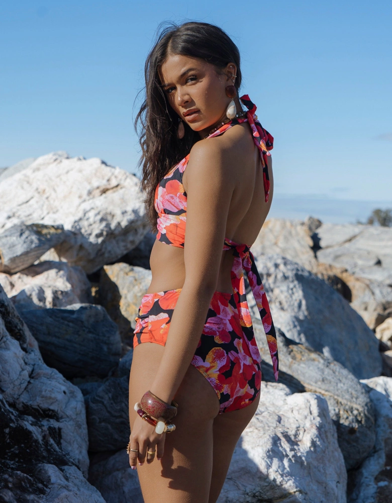 Black Contrast Floral Halter Neck Bikini Top