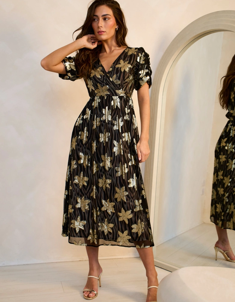 Black Floral Lurex Wrap Front Dress