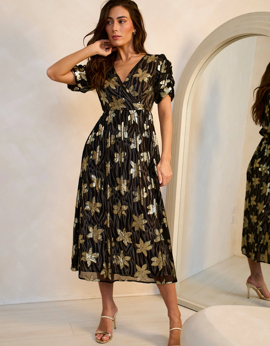 Gini London Women's Black Floral Lurex Wrap Front Dress - Size: 10