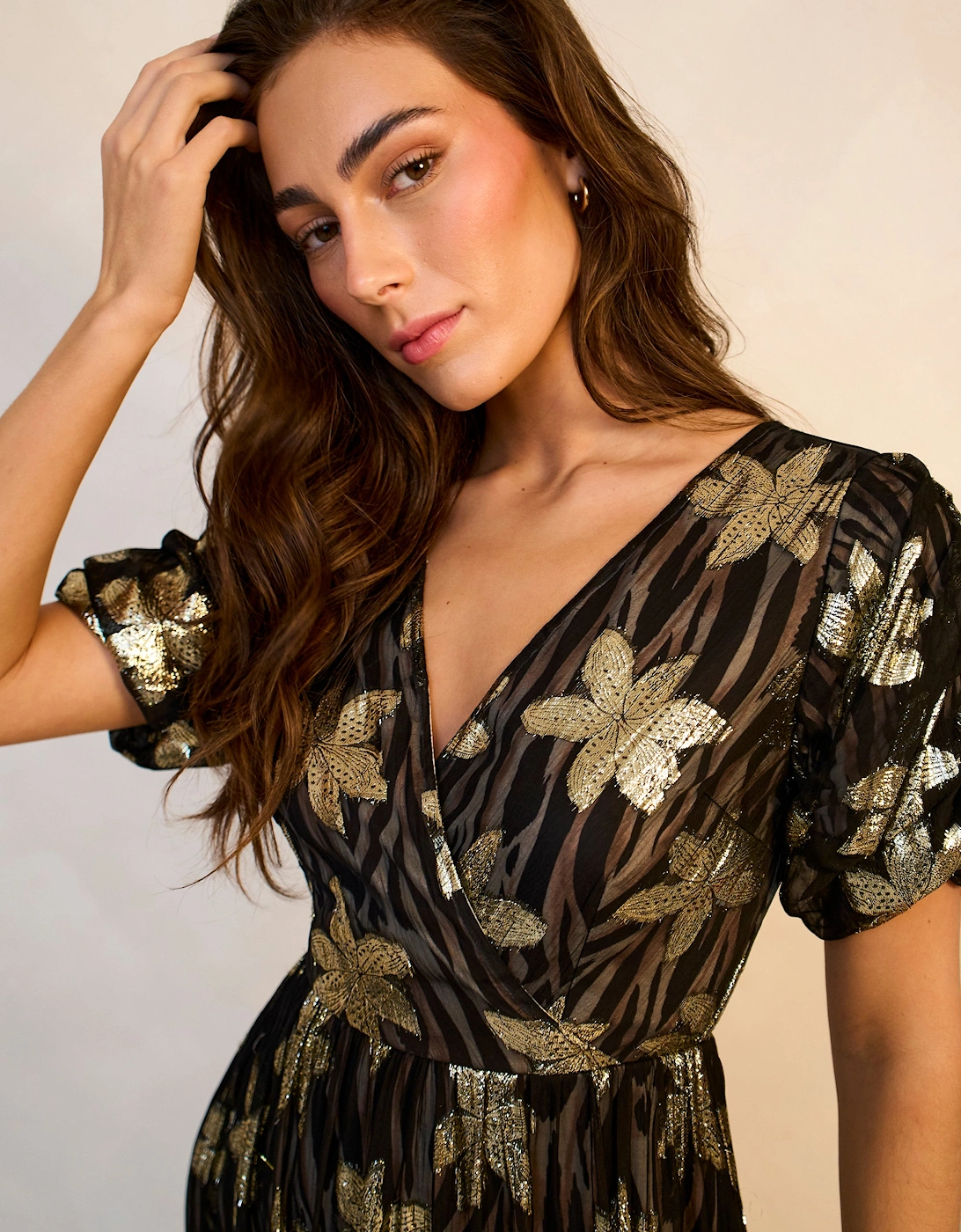 Black Floral Lurex Wrap Front Dress