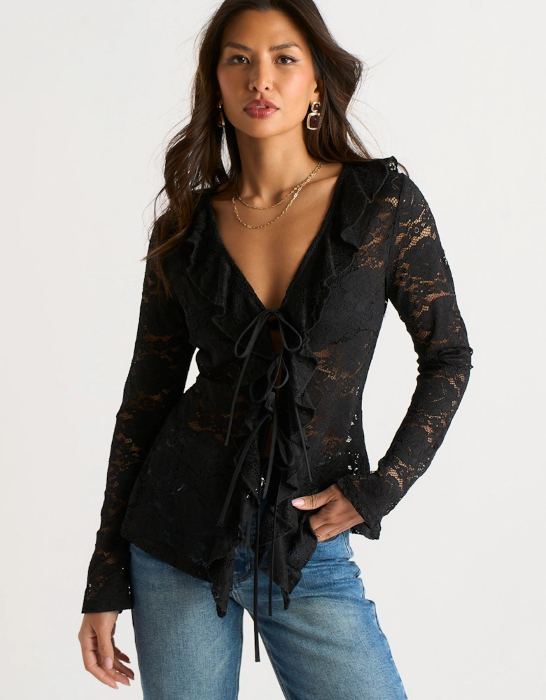 Black Jersey Lace Ruffle Tie Front Blouse