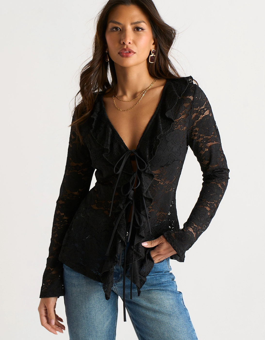 Black Jersey Lace Ruffle Tie Front Blouse