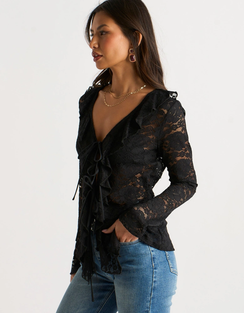Black Jersey Lace Ruffle Tie Front Blouse