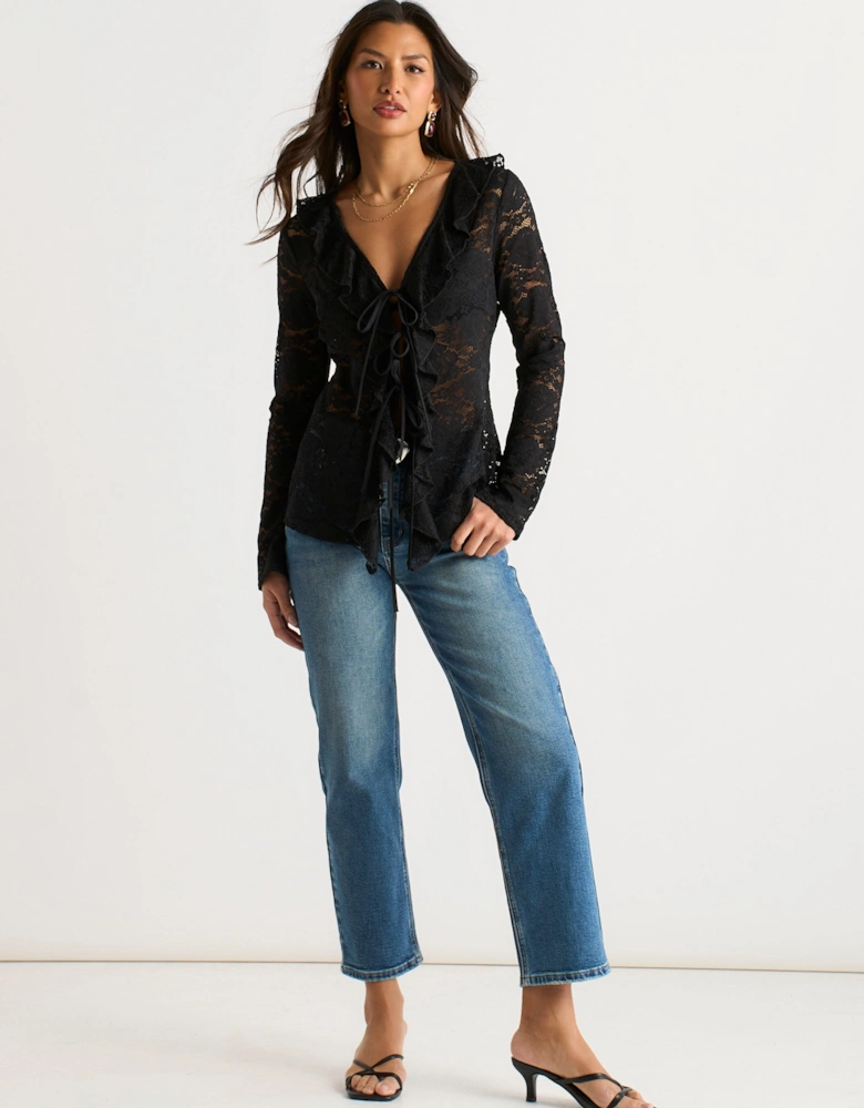 Black Jersey Lace Ruffle Tie Front Blouse