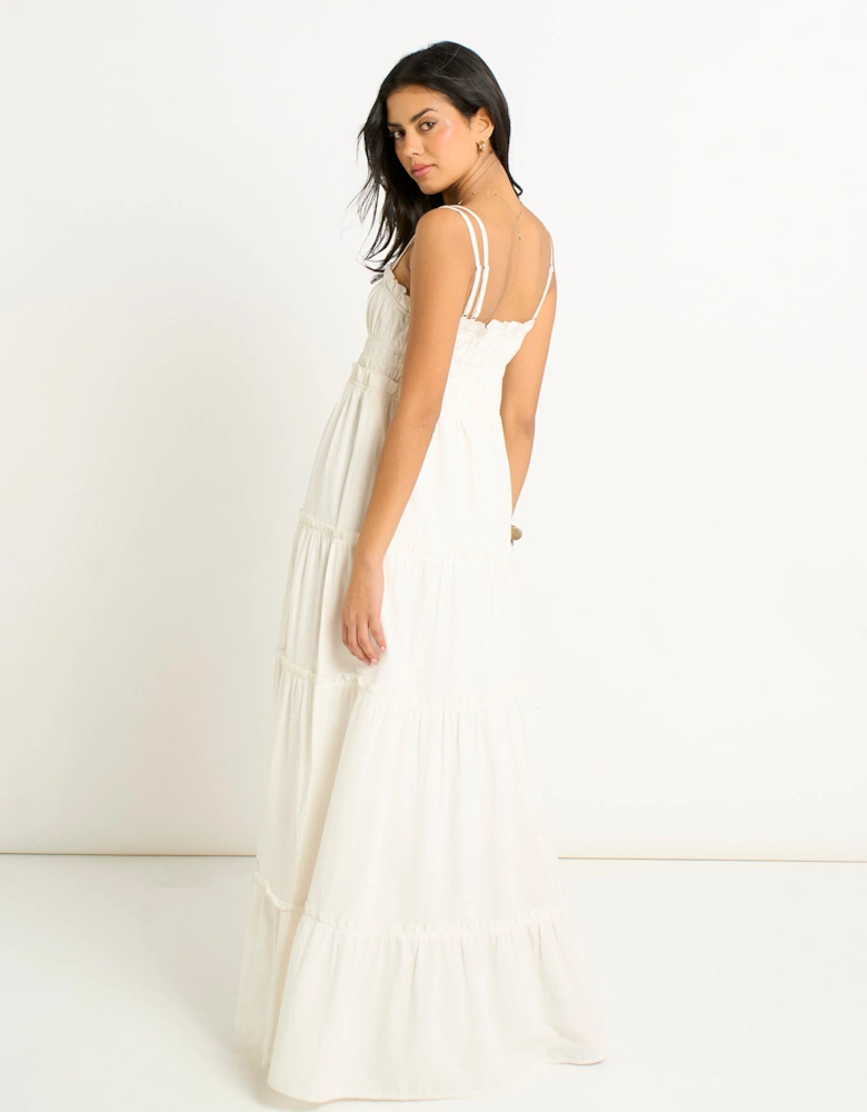 White Cotton Shirred Strappy Flare Maxi Dress