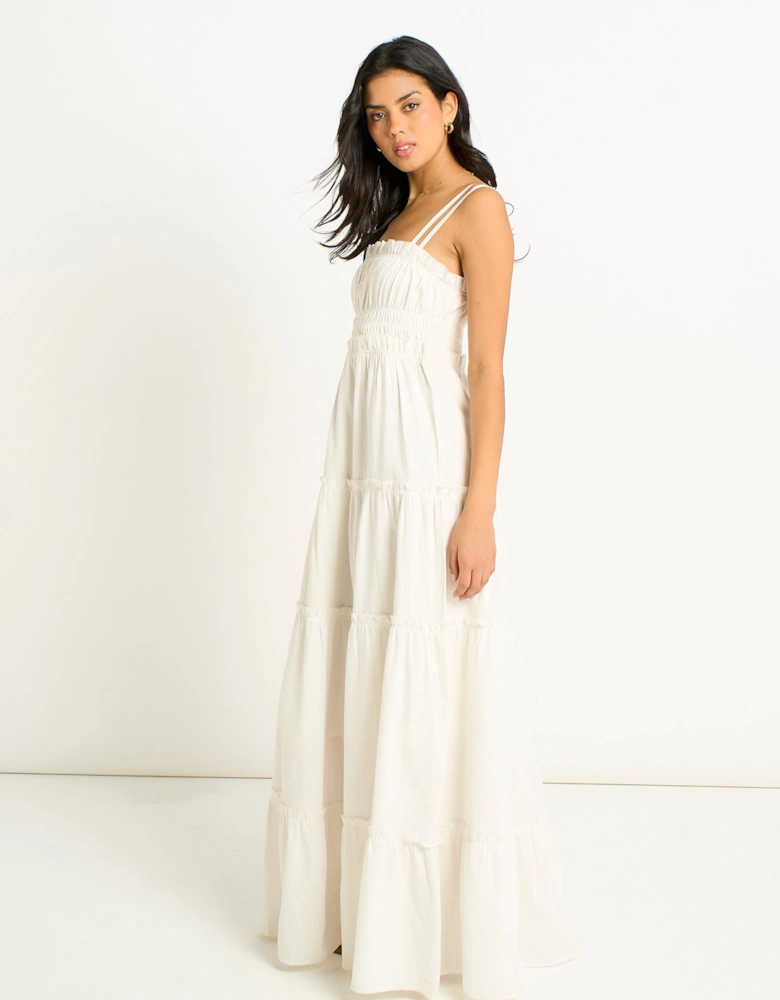 White Cotton Shirred Strappy Flare Maxi Dress
