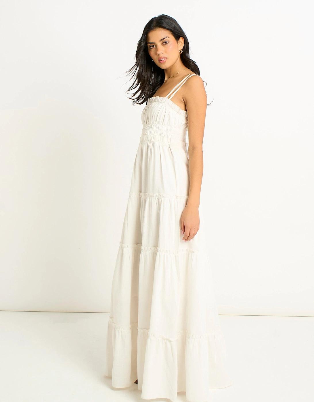 White Cotton Shirred Strappy Flare Maxi Dress