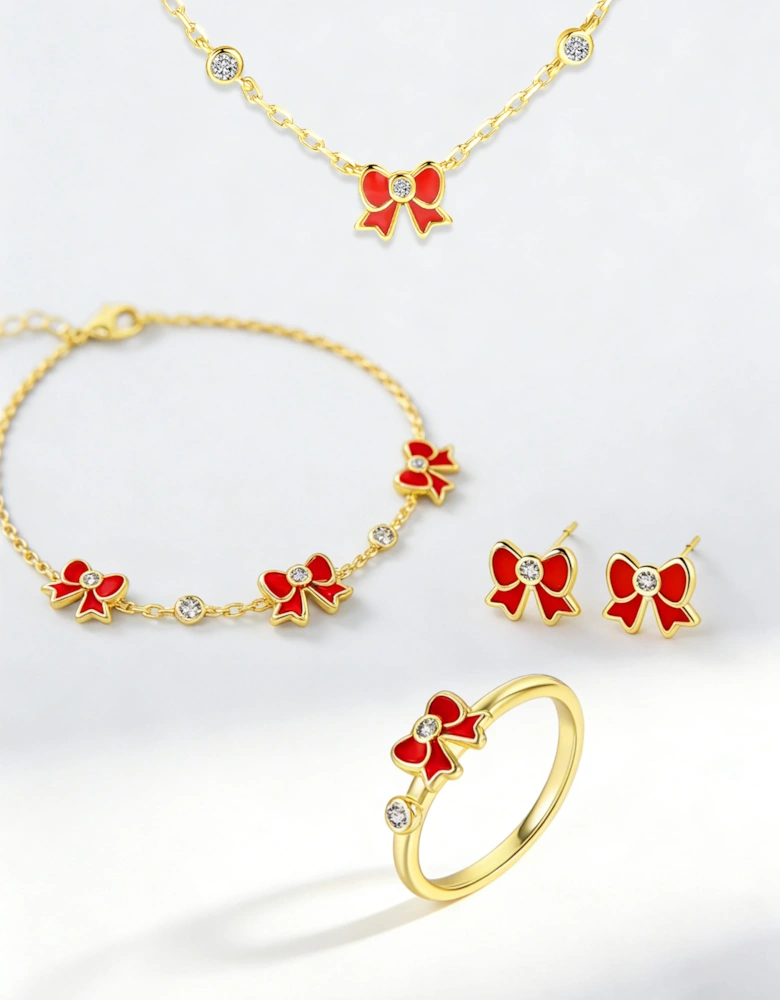 Secret Spoils Girls Red Bow 5 Piece Jewellery Set in Gold (40cm)