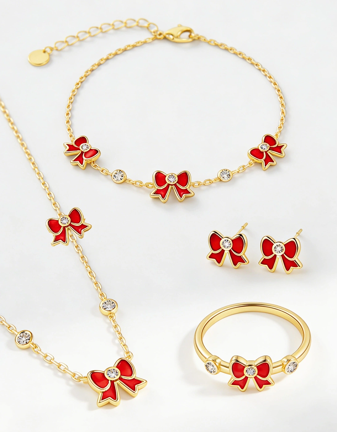 Secret Spoils Girls Red Bow 5 Piece Jewellery Set in Gold (40cm)