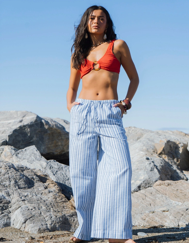 Blue Cotton and Linen Blend Stripe Trousers