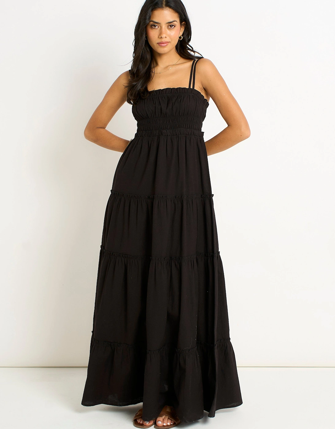 Black Cotton Shirred Strappy Flare Maxi Dress