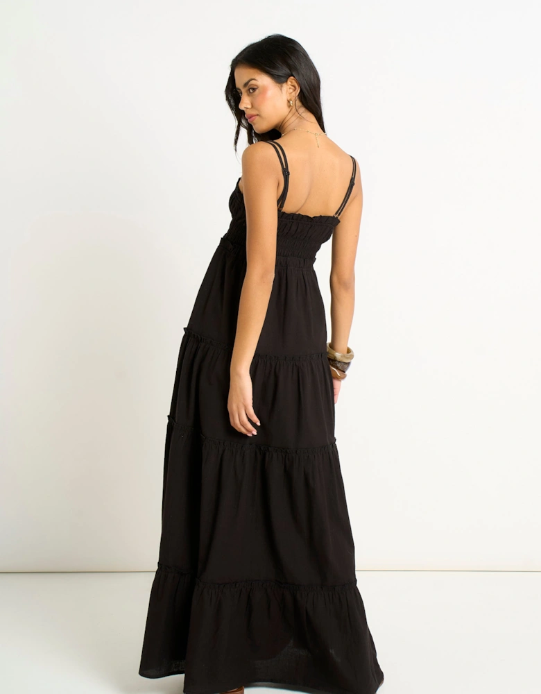 Black Cotton Shirred Strappy Flare Maxi Dress