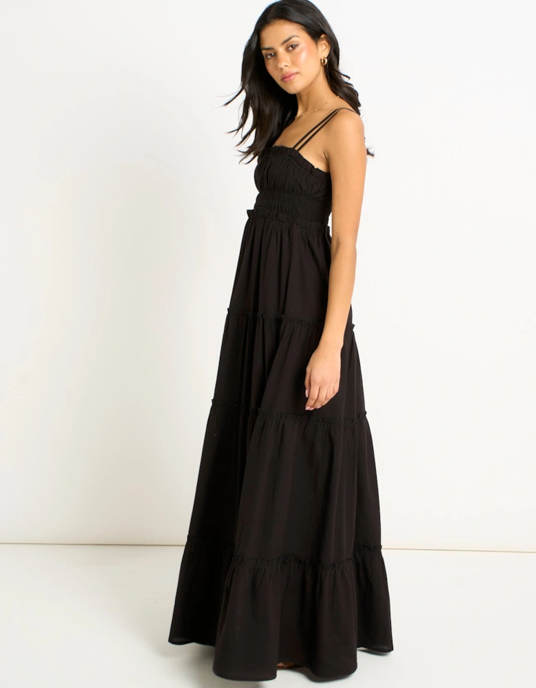 Black Cotton Shirred Strappy Flare Maxi Dress