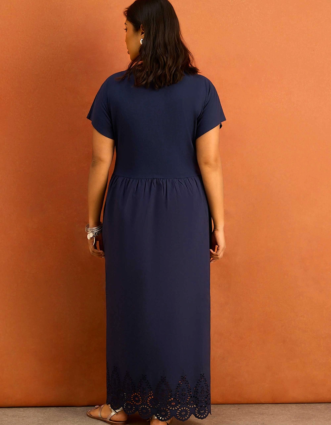 Navy Jersey Woven Mix Broderie Maxi Dress
