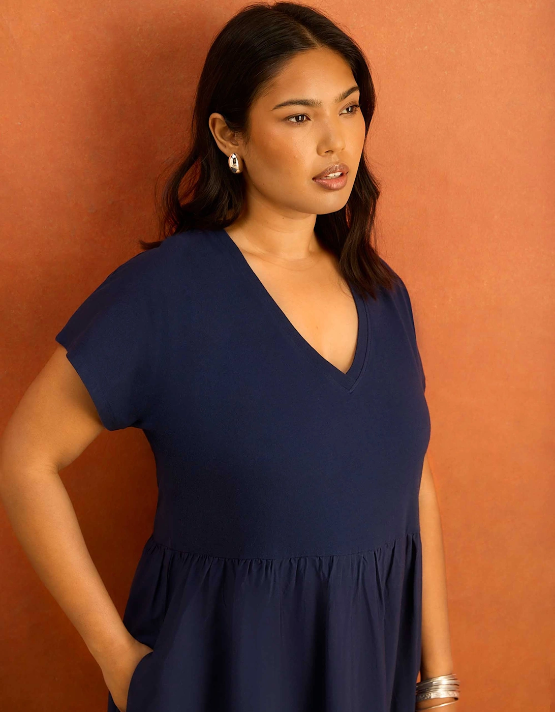 Navy Jersey Woven Mix Broderie Maxi Dress