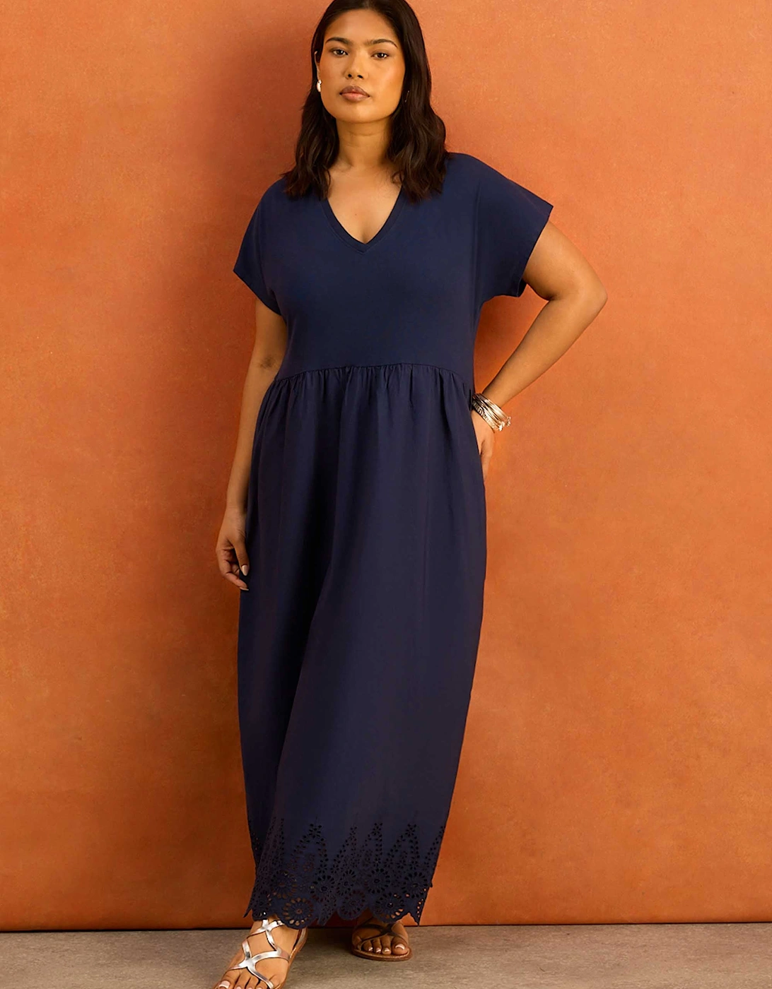 Navy Jersey Woven Mix Broderie Maxi Dress