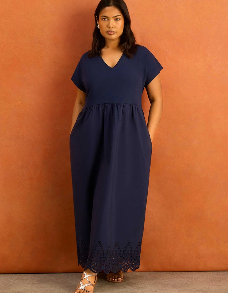 Navy Jersey Woven Mix Broderie Maxi Dress