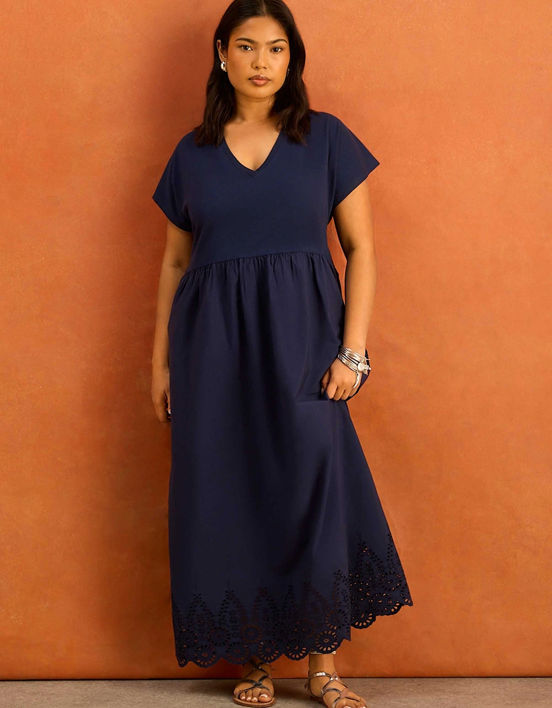 Navy Jersey Woven Mix Broderie Maxi Dress, 6 of 5