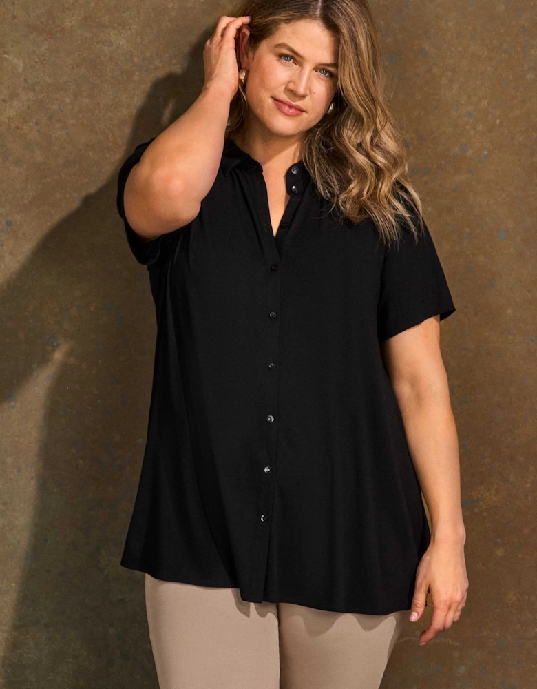 Black Button Through Short Sleeve Jersey Shirt