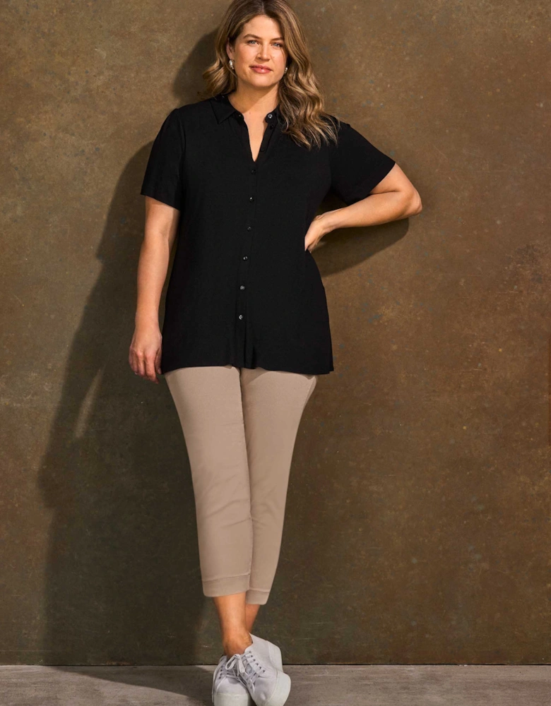 Black Button Through Short Sleeve Jersey Shirt
