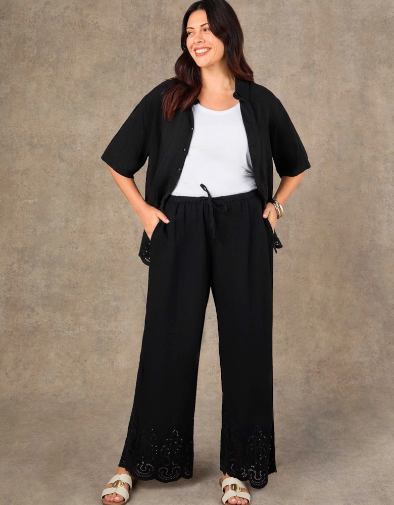 Petite Black Linen Blend Broderie Trouser
