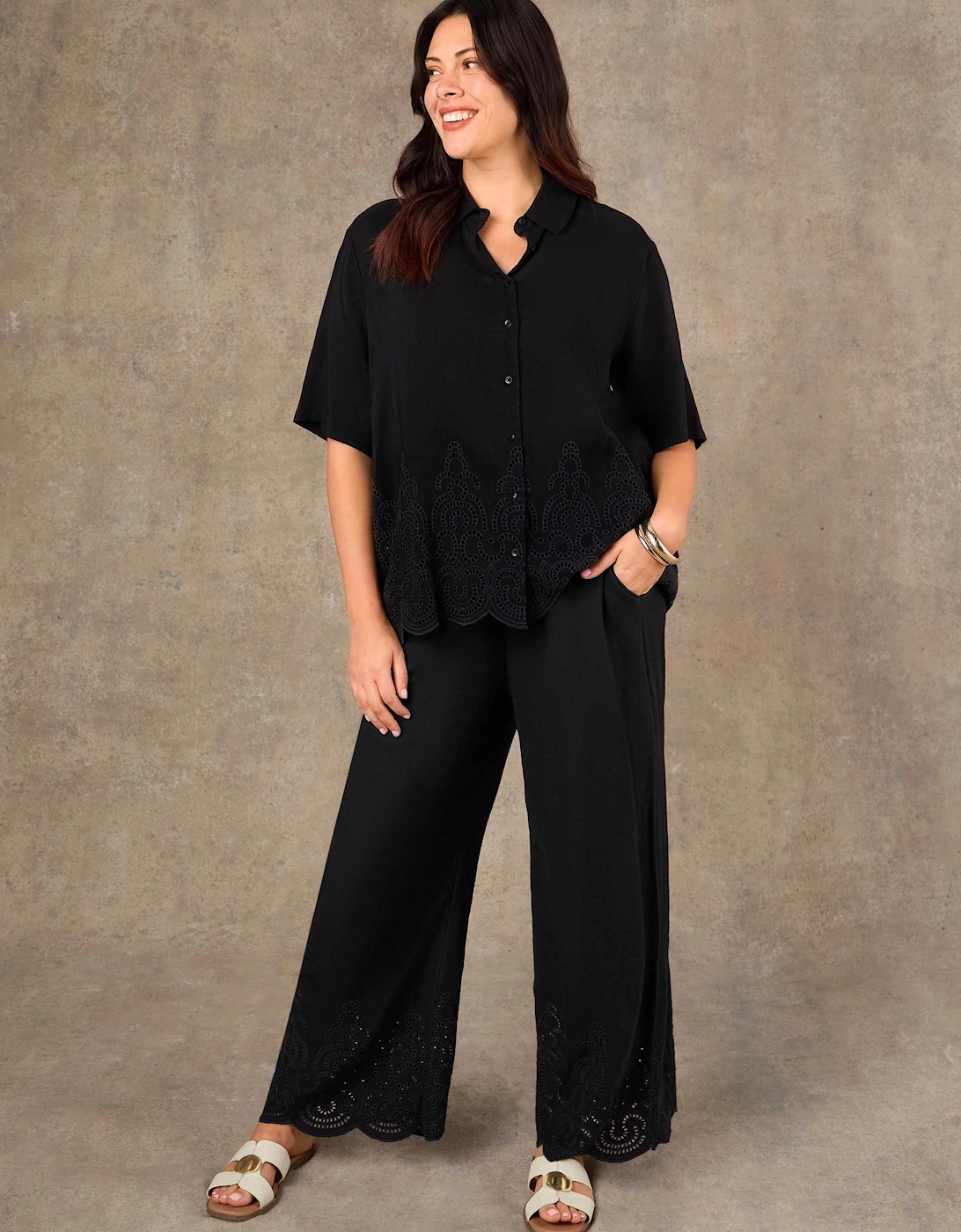 Petite Black Linen Blend Broderie Trouser