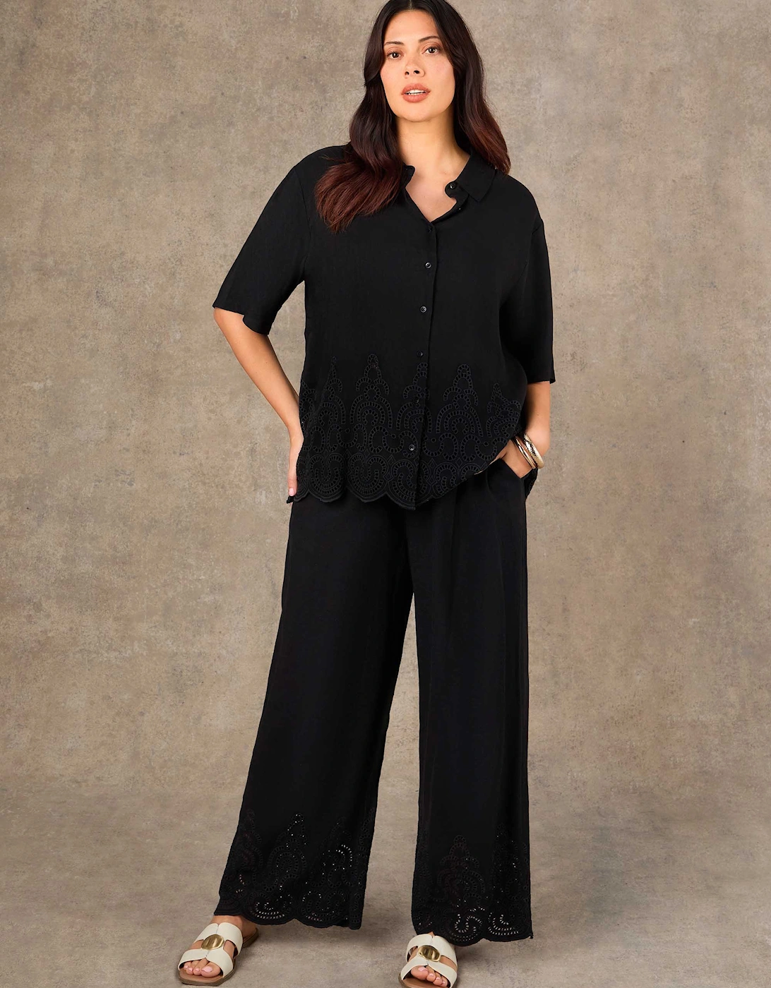 Petite Black Linen Blend Broderie Trouser