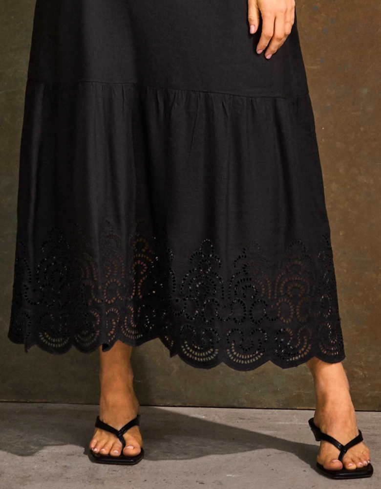 Petite Black Linen Blend Broderie Maxi Dress