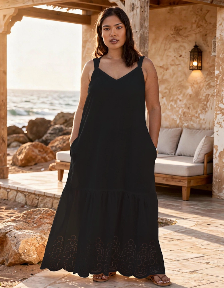 Petite Black Linen Blend Broderie Maxi Dress