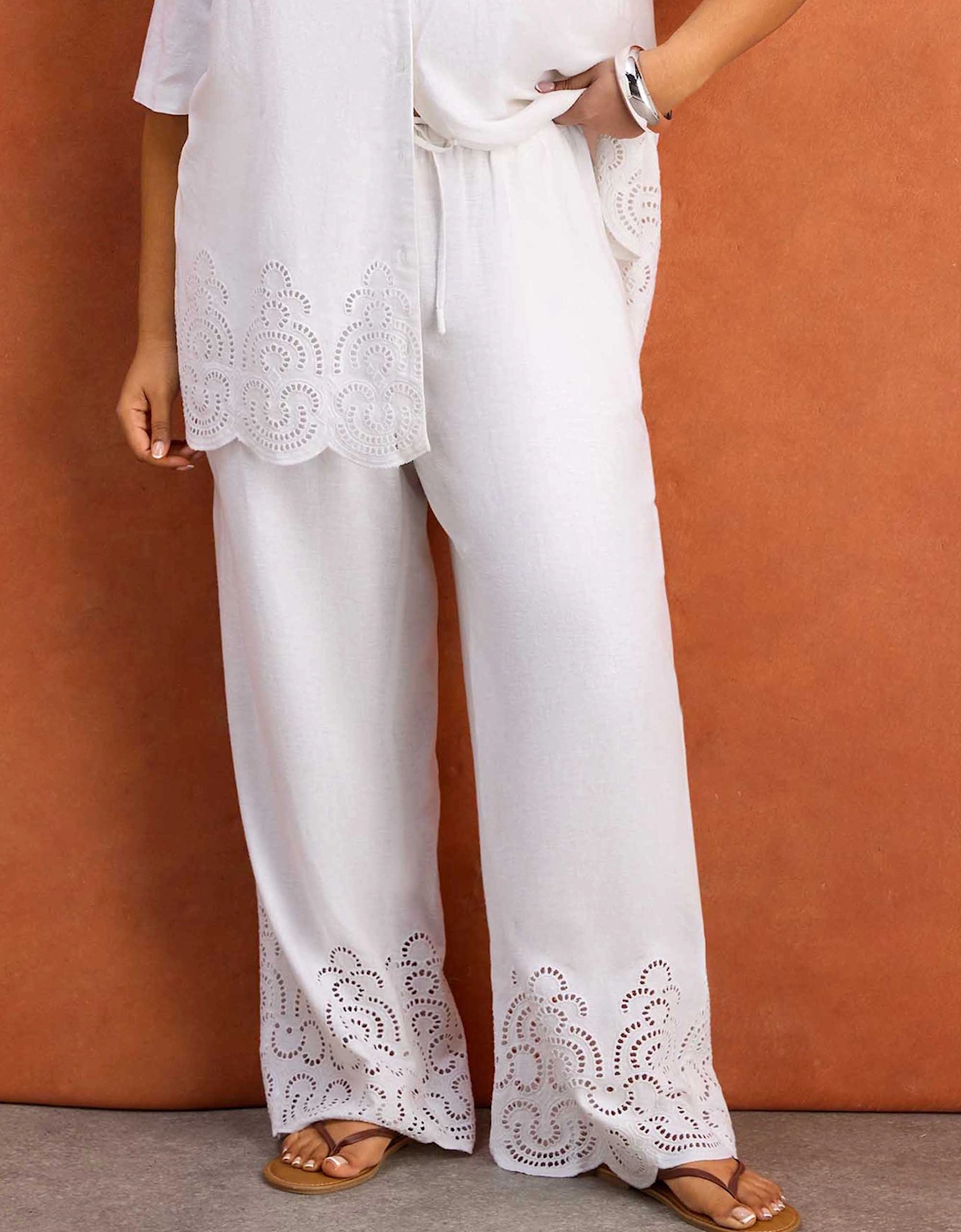 White Linen Blend Broderie Trouser