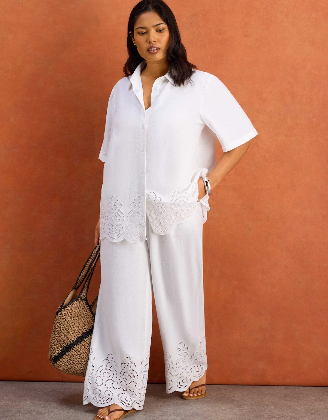 White Linen Blend Broderie Trouser