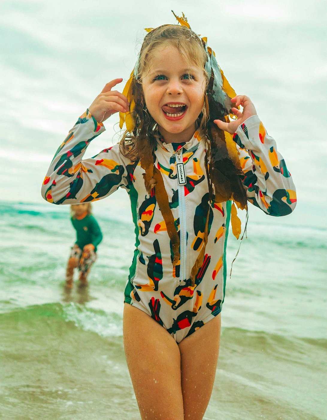 Roarsome Girls Toucan Swimsuit in Beige (UPF50+)