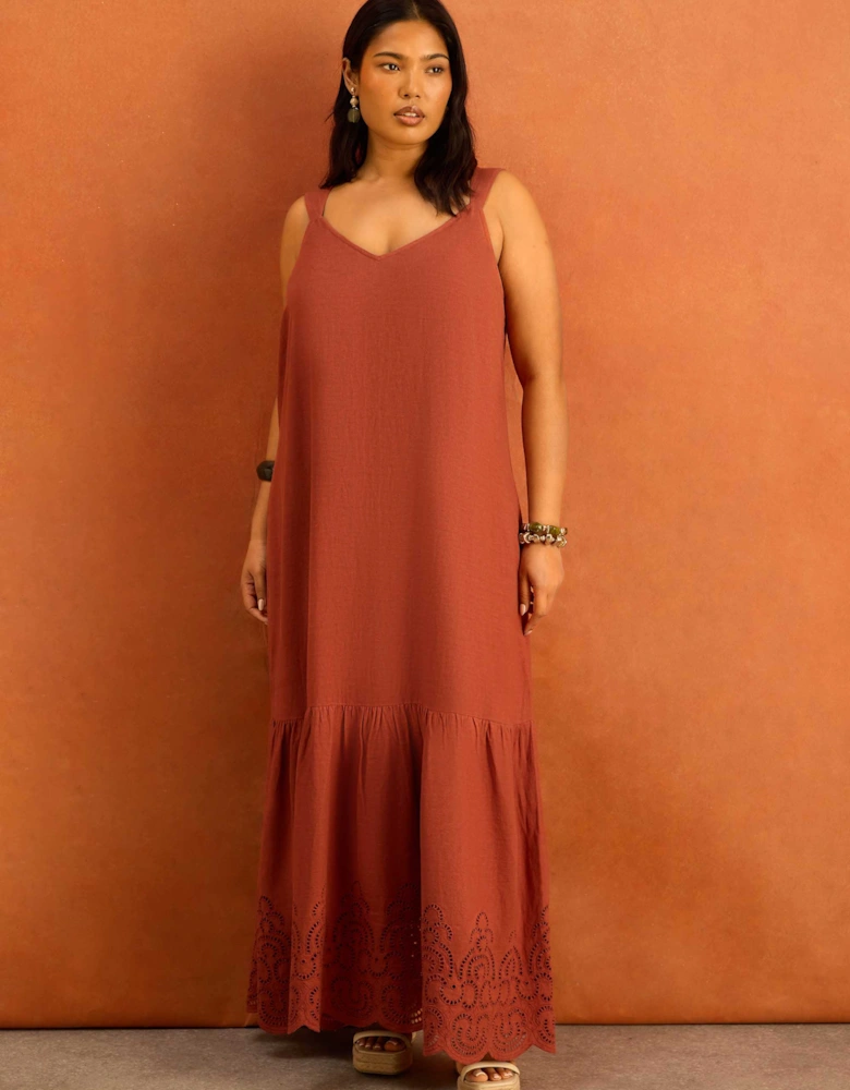 Terracotta Linen Blend Broderie Maxi Dress