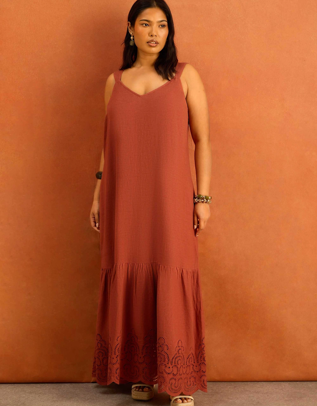 Terracotta Linen Blend Broderie Maxi Dress