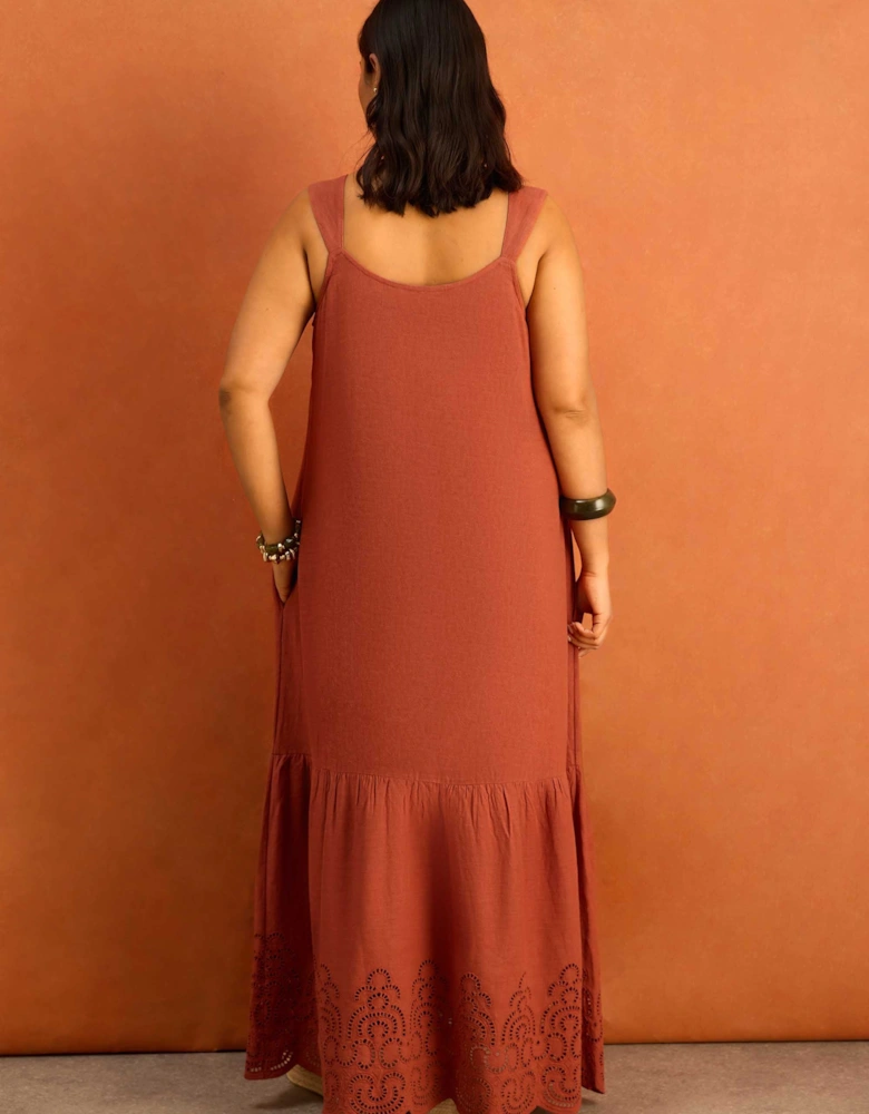 Terracotta Linen Blend Broderie Maxi Dress