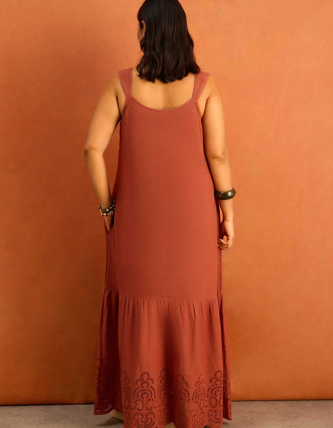 Terracotta Linen Blend Broderie Maxi Dress