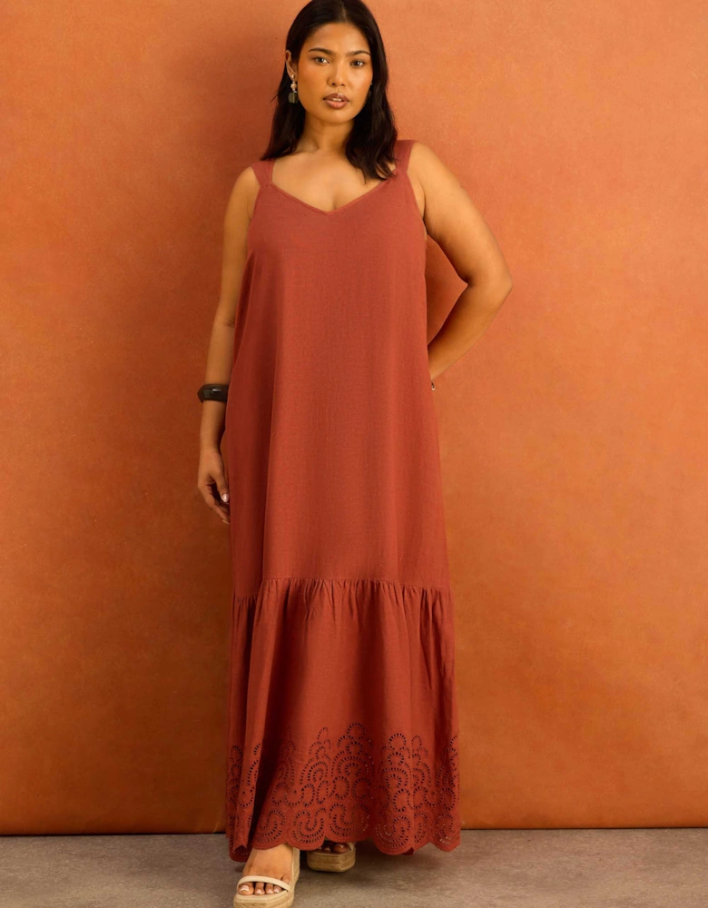 Terracotta Linen Blend Broderie Maxi Dress