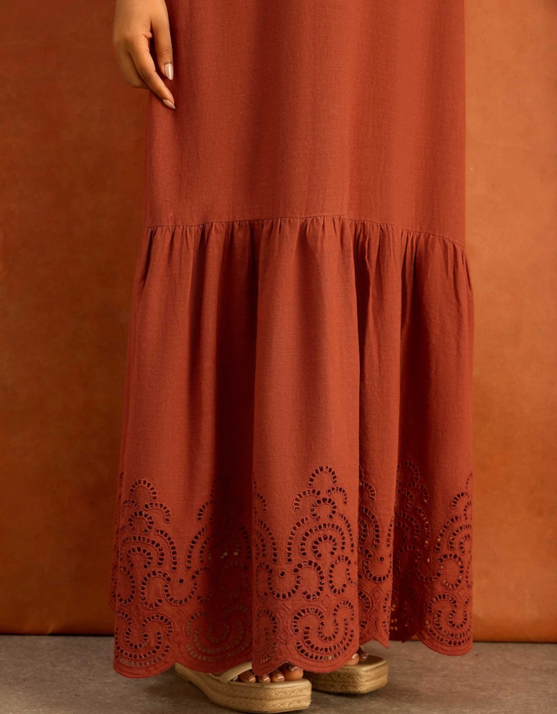 Terracotta Linen Blend Broderie Maxi Dress
