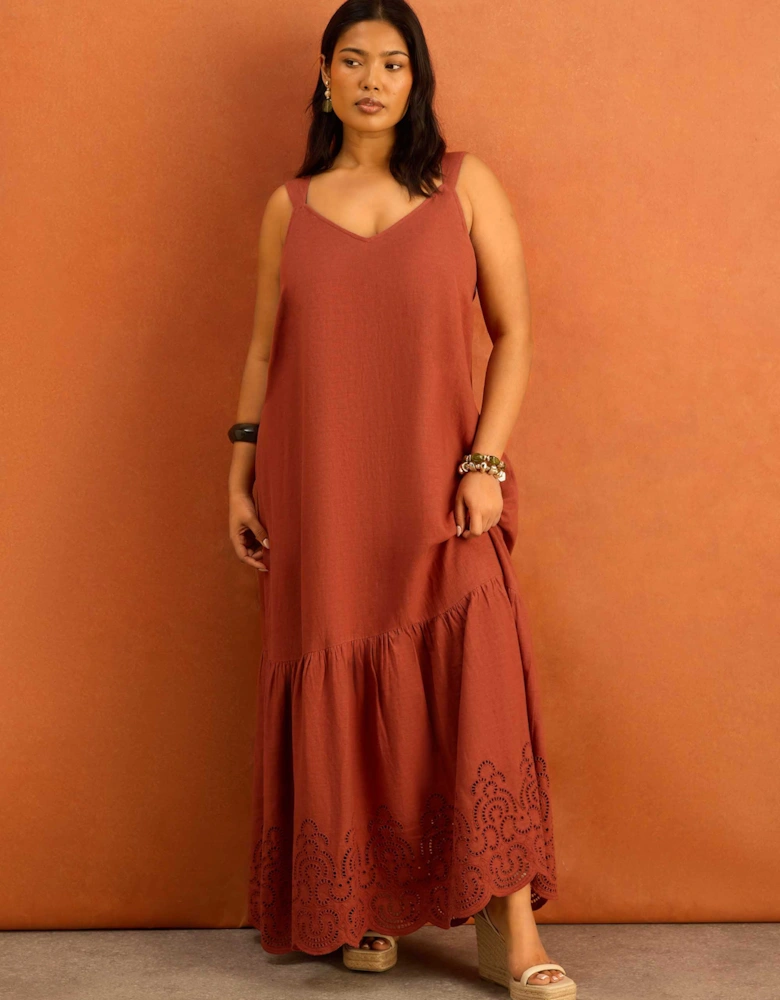 Terracotta Linen Blend Broderie Maxi Dress