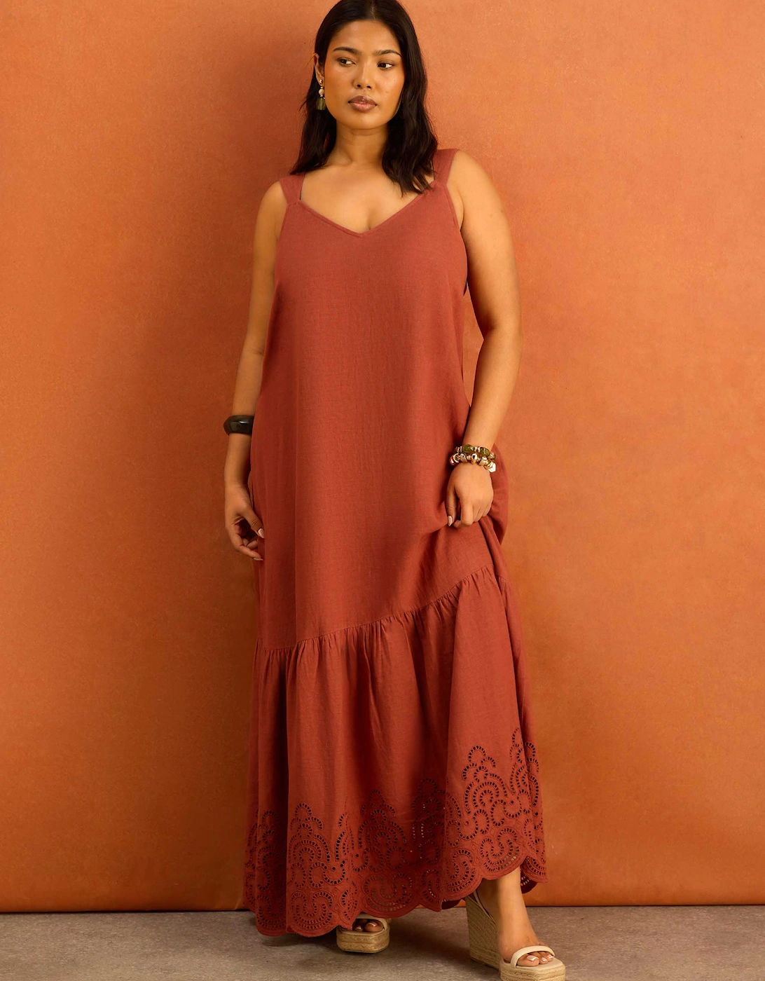 Terracotta Linen Blend Broderie Maxi Dress