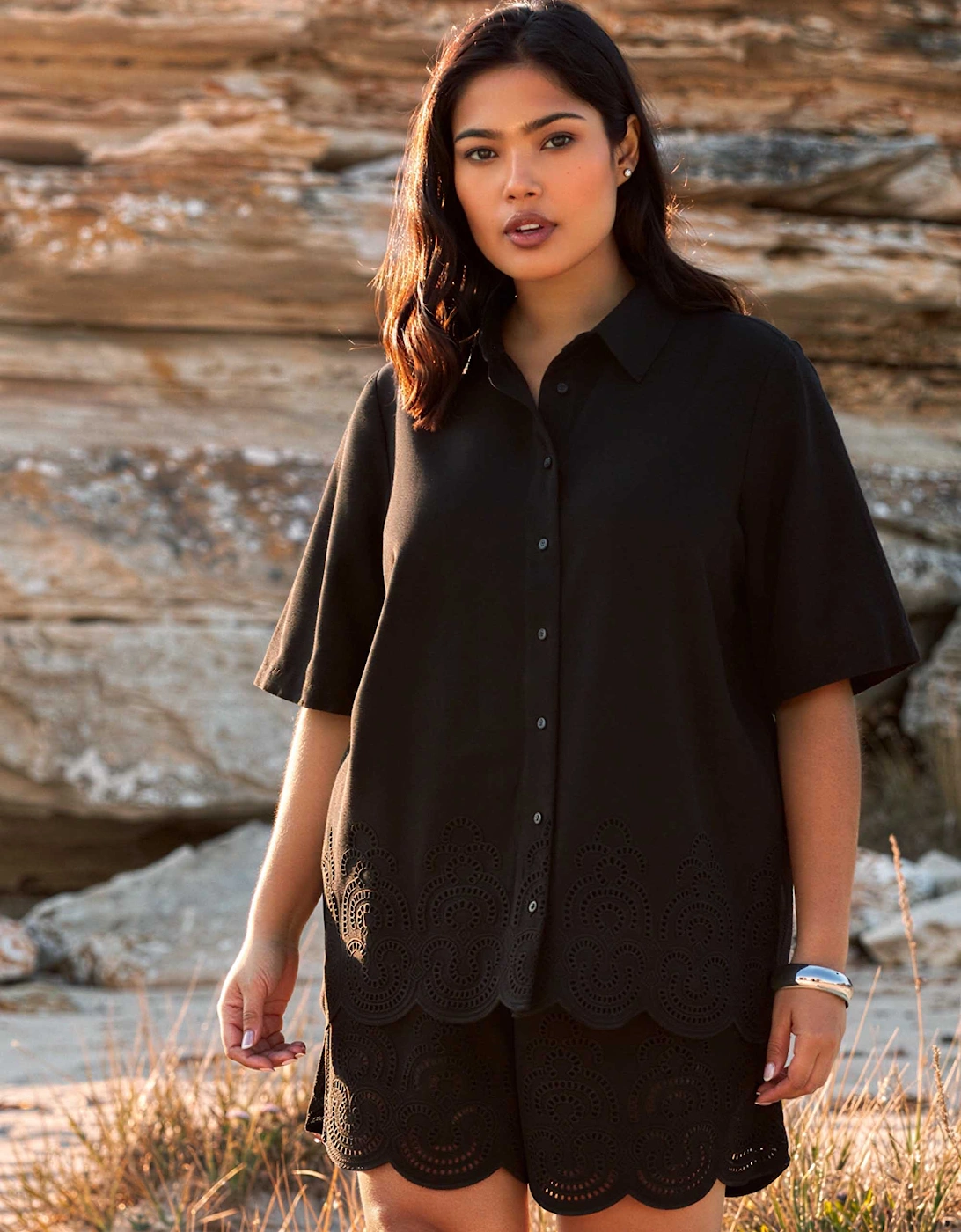Black Linen Blend Broderie Shirt
