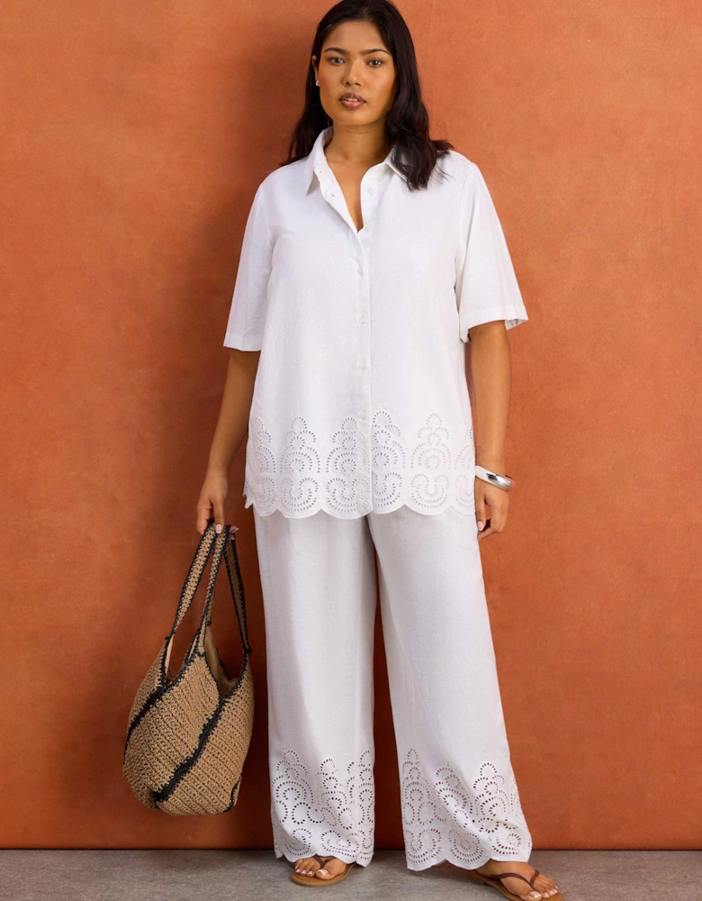 White Linen Blend Broderie Shirt