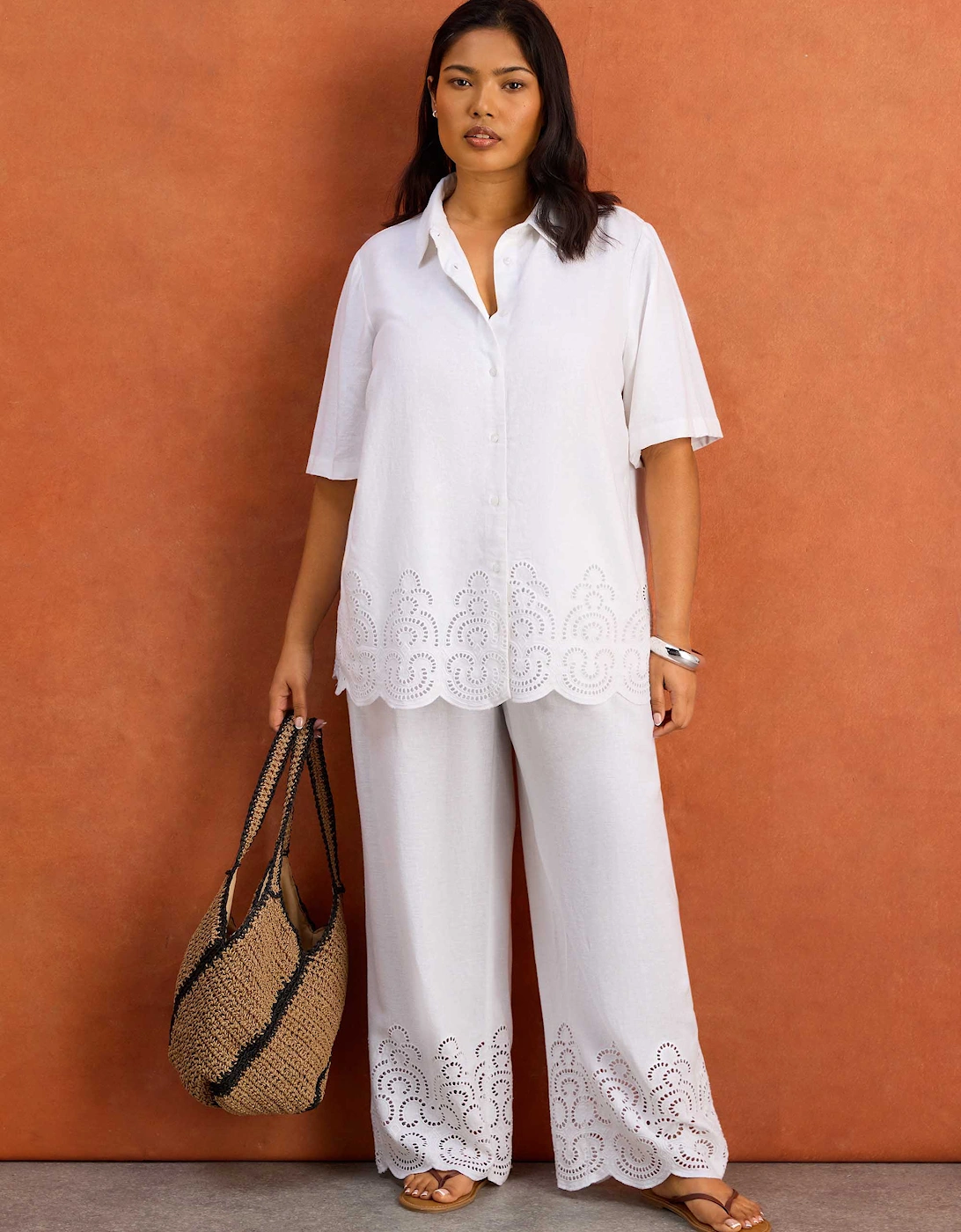 White Linen Blend Broderie Shirt