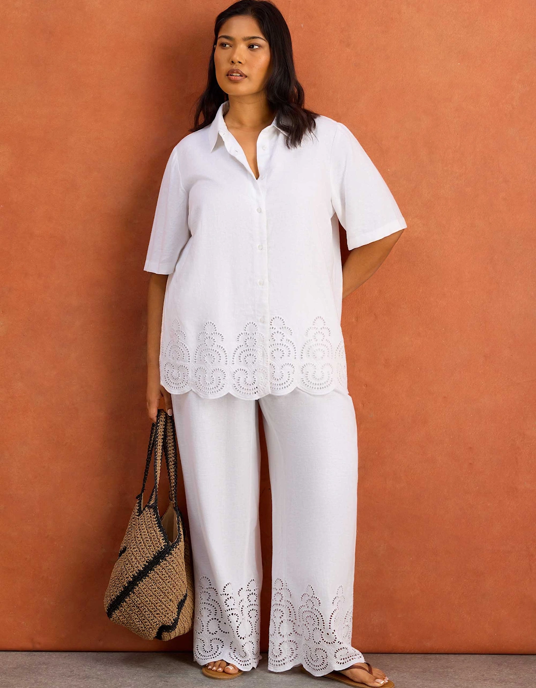 White Linen Blend Broderie Shirt
