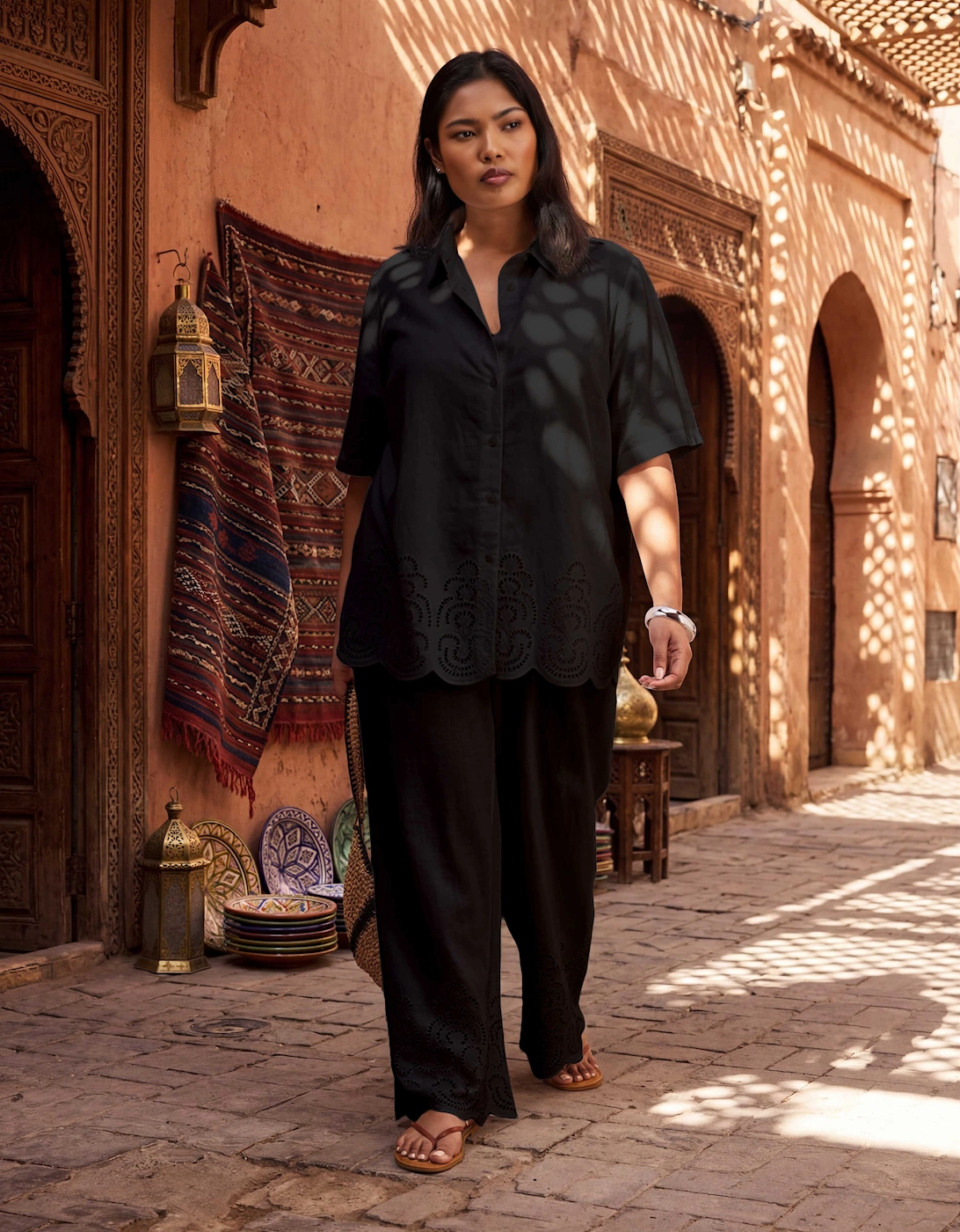 Black Linen Blend Broderie Trouser, 7 of 6
