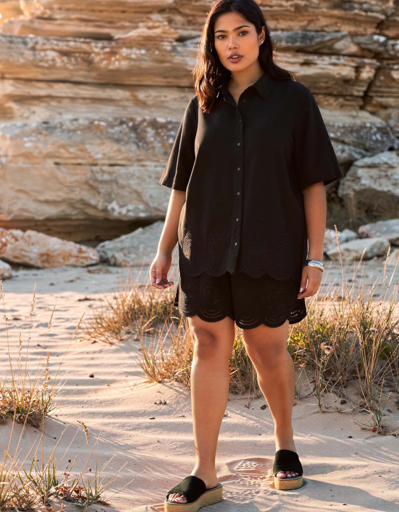 Black Linen Blend Broderie Shorts