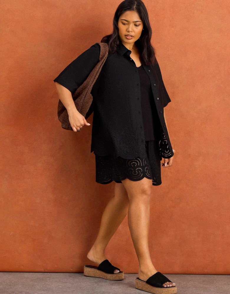 Black Linen Blend Broderie Shorts