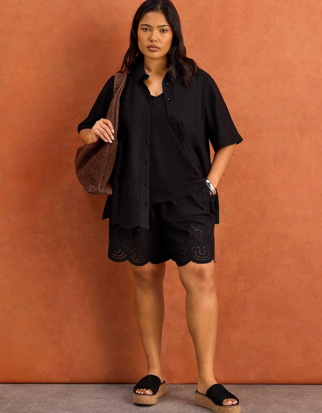 Black Linen Blend Broderie Shorts